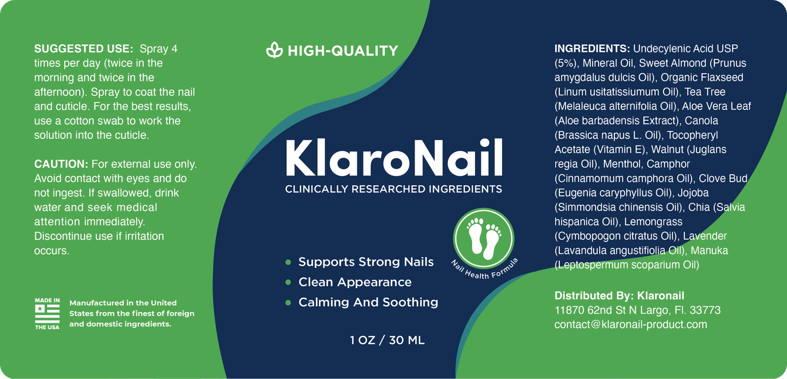 KlaroNail full label with suggested use, cautions and complete ingredient list including undecylenic acid USP 5%